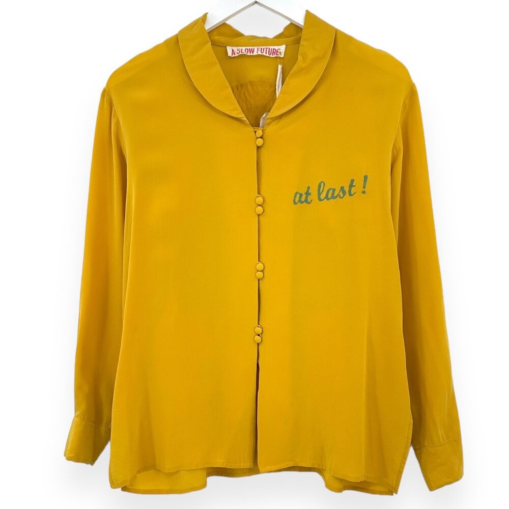 NWT A Slow Future 2020 Golden Yellow Etta James "At Last" Silky Button Up Shirt